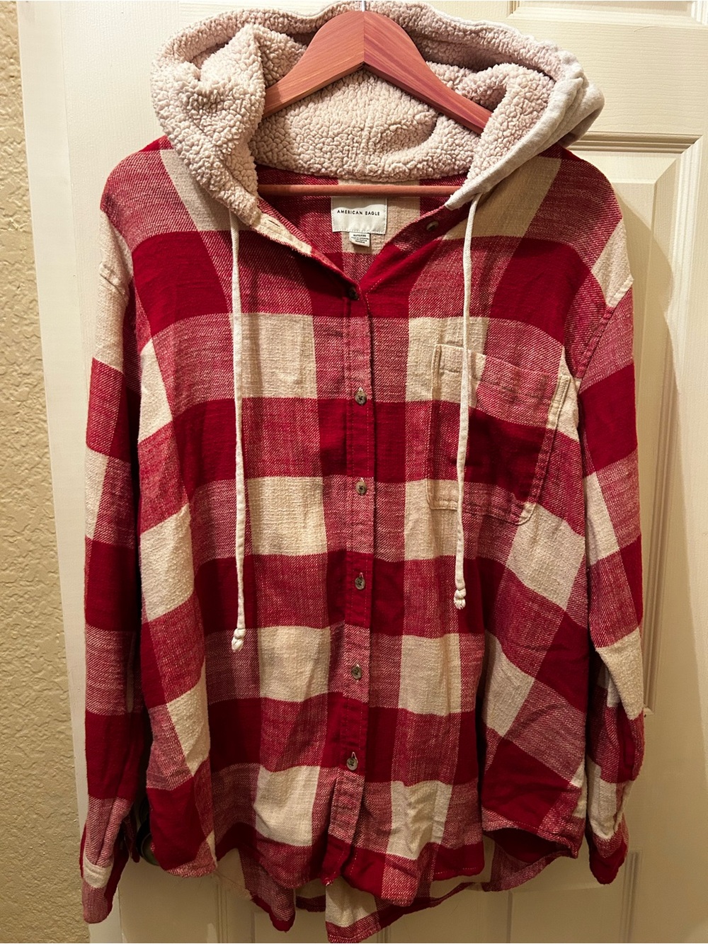 American Eagle Outfitters Red and Cream Plaid Sherpa-Lined Hooded Flannel